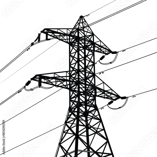 High voltage electricity pylon structure against a white background a striking silhouette