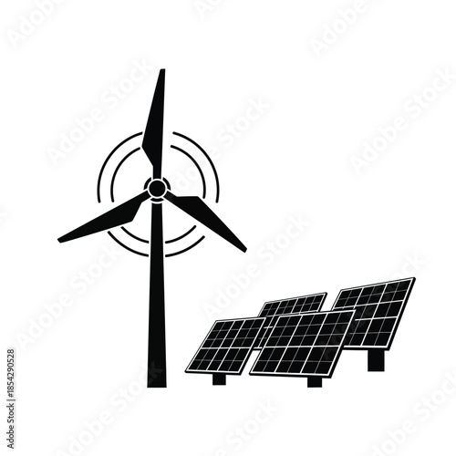 A clean energy icon featuring a wind turbine and solar panels black silhouette