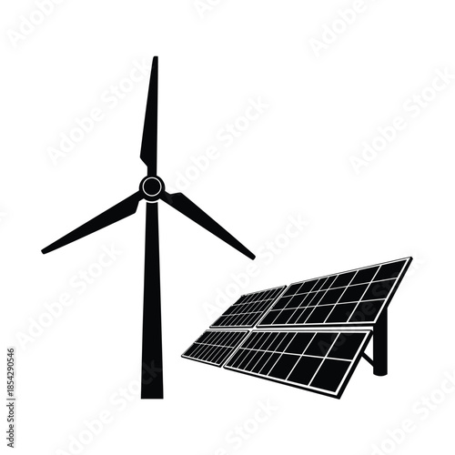 Wind turbine and solar panel graphic representation combining renewable energy sources a striking silhouette