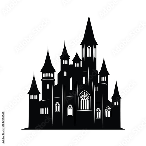 A detailed depiction of a gothic castle with multiple towers in black silhouette