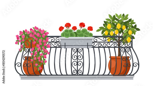 Beautiful balcony with potted flowering plants and lemon tree, creating a charming urban oasis