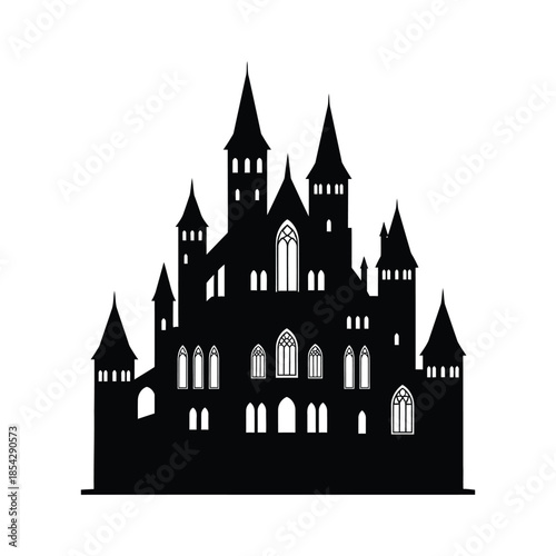 Detailed gothic castle illustration with prominent towers and arched windows a striking silhouette