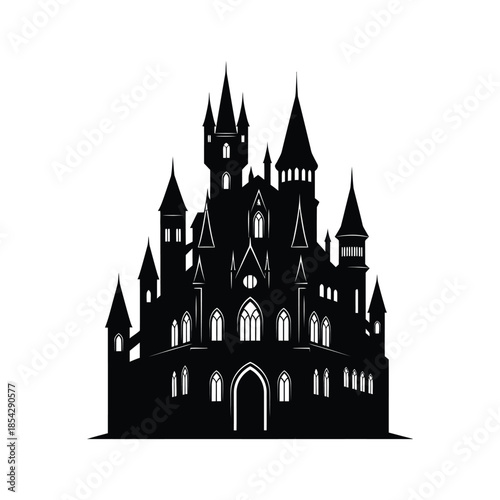Detailed black castle illustration with multiple towers and arched entryways a striking silhouette