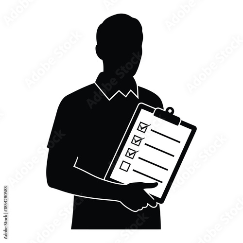 A stark black silhouette of a man holding a clipboard with checked boxes silhouette