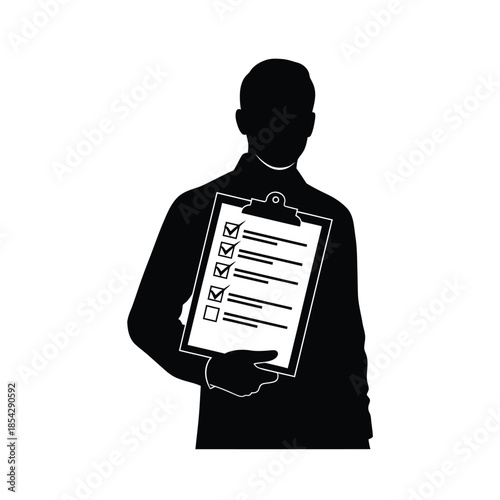 A dark silhouette of a person holding a clipboard with checklists business professional silhouette