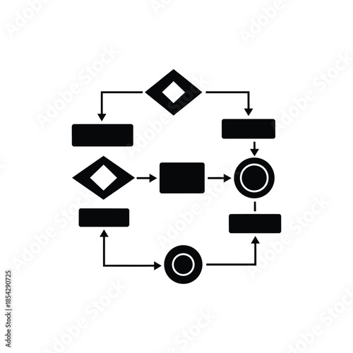 Circular flow diagram with geometric shapes and arrows a detailed black silhouette