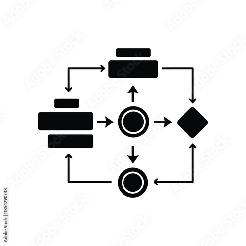 A flowchart diagram showing process steps with arrows and geometric shapes silhouette