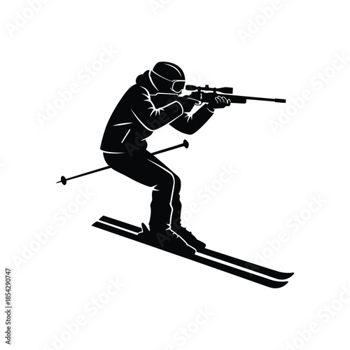 A skier aiming with a rifle while downhill skiing a striking black silhouette