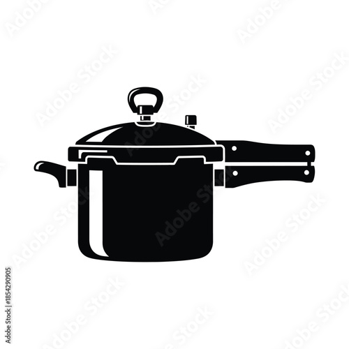 A detailed black silhouette illustration of a classic pressure cooker with handle and lid silhouette