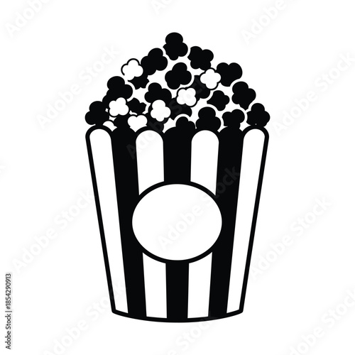 A black and white illustration of a striped popcorn container filled with fluffy popcorn silhouette
