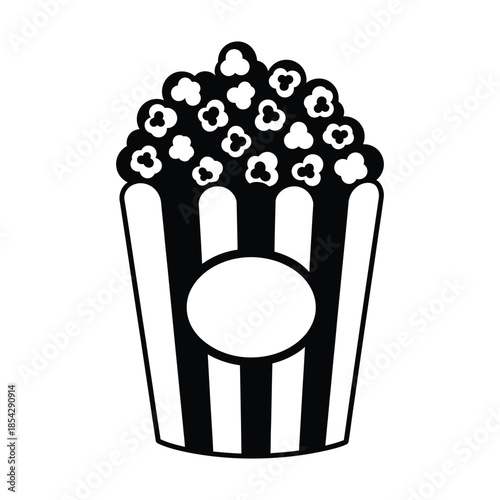 A black and white illustration of a popcorn bucket full of fluffy kernels silhouette