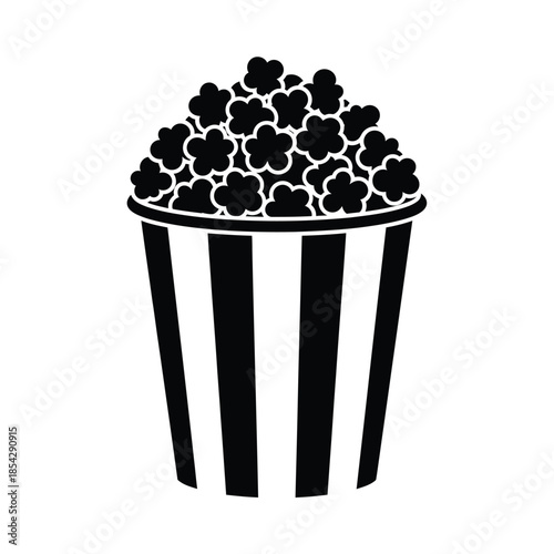A black and white illustration of a striped container filled with popcorn silhouette