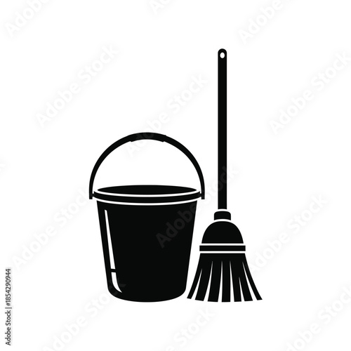 A black silhouette of a bucket and broom leaning against each other silhouette