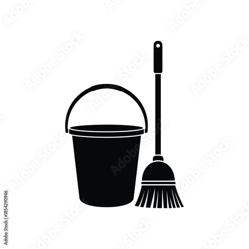 A simple black silhouette of a bucket and broom for cleaning purposes silhouette