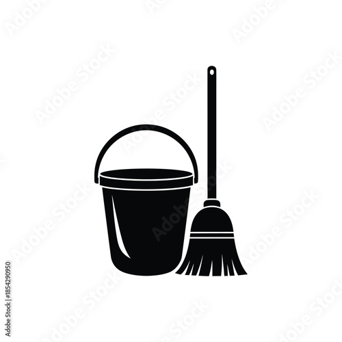 A simple depiction of a bucket and broom presented as a dark silhouette