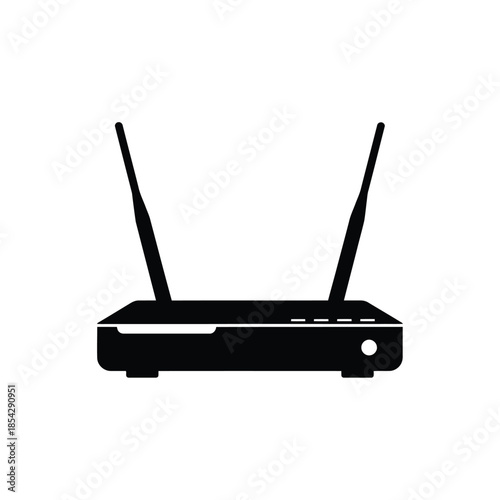 A modern wireless router depicted in a striking black silhouette style