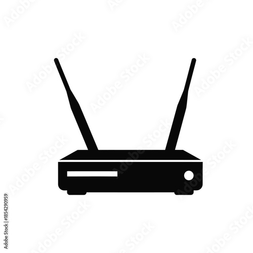 A simple black wireless router icon showing two antennas and a sleek design silhouette