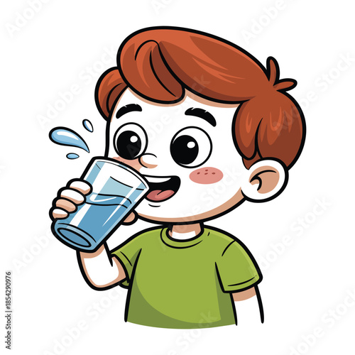 Cute cartoon boy with red hair happily drinking refreshing glass of water, young child staying hydrated with healthy drink choice