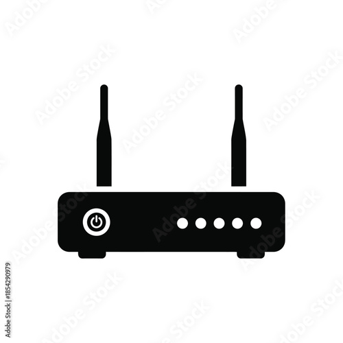 A simple black wireless router icon with two antennas a clean silhouette