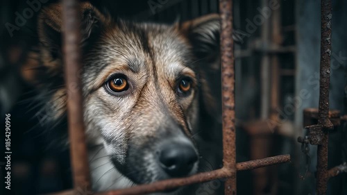 Sad dog looking through bars in shelter cage montage