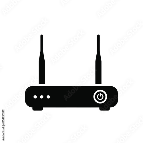 A simple black wireless router icon with two antennas a power button and a silhouette