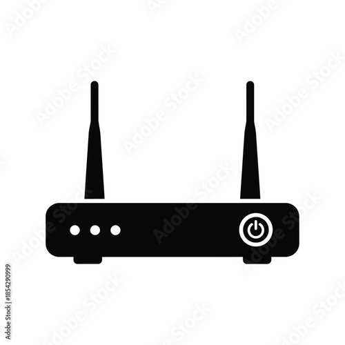 A black wireless router with two antennas shown in a simple modern silhouette