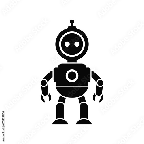 Simple black and white illustration of a friendly robot character a modern design silhouette