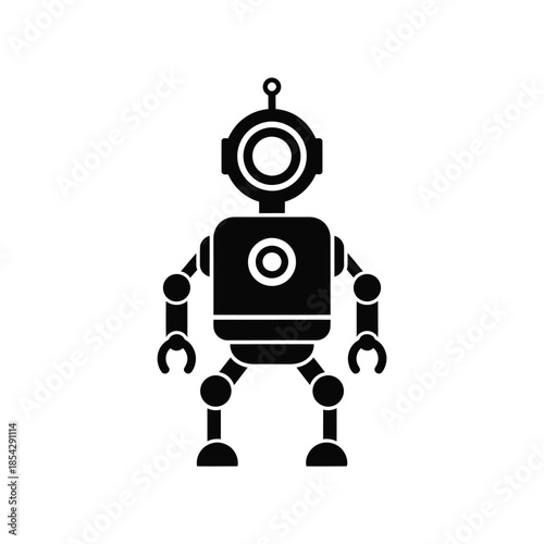 Simple black robotic figure with a circular head and blocky limbs a striking silhouette