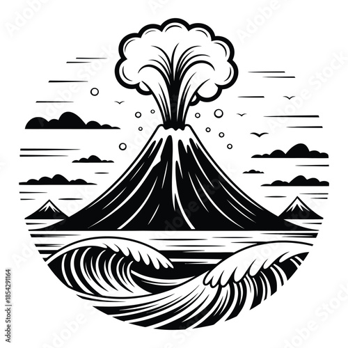 Dramatic volcano eruption with smoke billowing into sky above ocean with crashing waves and distant mountains in a striking monochrome illustration
