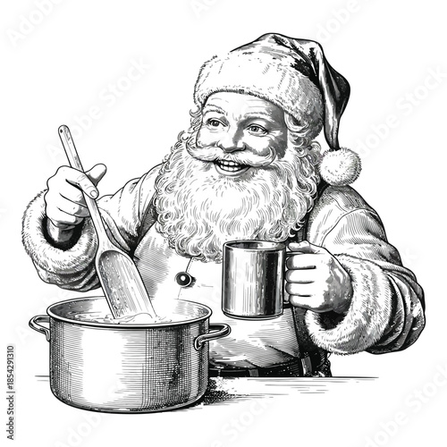 Jovial Santa Claus with a long beard and traditional hat, stirring a pot with a wooden spoon and holding a mug, preparing a festive concoction in a vintage black and white sketch