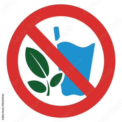 No plastic straws or single use plastic cups icon with green leaves within red circle with diagonal line symbolizing environmental protection