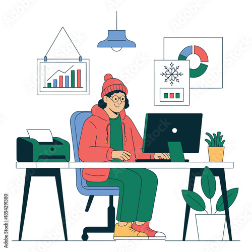 Person wearing warm winter clothing working on computer at desk in home office setting with printer plants and charts representing remote work and productivity