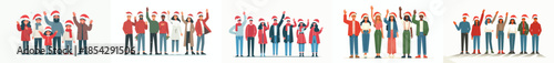 vector group of people raising hands say hello christmas
