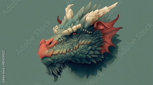 A sculpture of a dragon head shows intricate details of scales horns and facial features. The artwork is set against a plain green backdrop for focus.