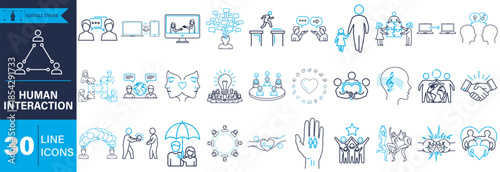 Diverse collection of 30 line icons depicting human interaction and social connections Vector