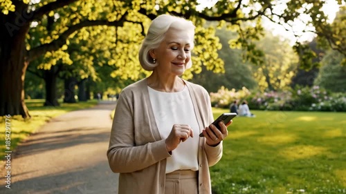 Elderly Woman Enjoying Park Using Smartphone During Beautiful Sunny Day.