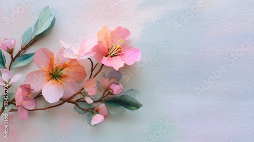 A branch with pink and white flowers stretches out against a soft background. The scene shows colors blending softly capturing the essence of springtime and nature.