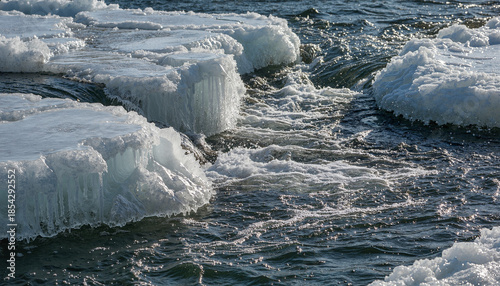 Thick frozen shelves featuring jagged dripping spikes looming over dark flowing stream during spring melt