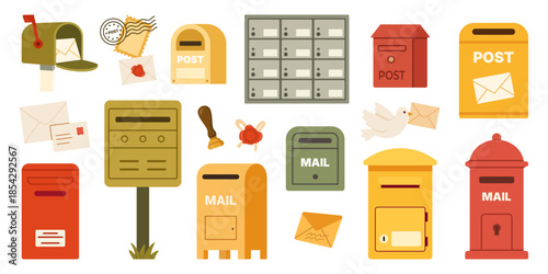 Postal illustration with colorful mailboxes, envelopes, letters, stamps and postboxes representing home mail delivery, written correspondence and everyday communication objects