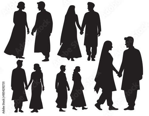 Indian Couple and Love Silhouettes on White Background Vector Fully Editable Smart Object Text Ef