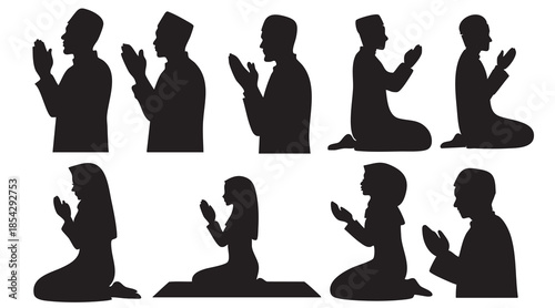 Muslim Praying Men and Women Silhouettes on White Background Vector Fully Editable Smart Object Text Effect
