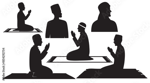 Muslim Praying Men and Women Silhouettes on White Background Vector Fully Editable Smart Object Text Effect