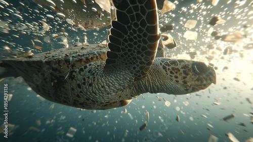 Sea turtle swimming in polluted ocean water