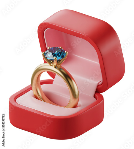 3D Engagement Ring in Red Jewelry Box with Blue Diamond Centerpiece
