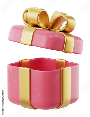 3D Pink Gift Box with Golden Ribbon and Open Lid for Surprise Gifts