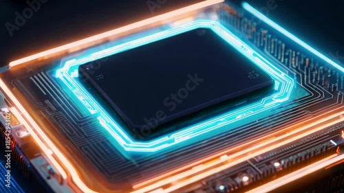 Close-up view of a glowing microchip on a futuristic circuit board with neon blue and orange lights, representing advanced technology and innovation in electronics. suitable for tech-focused designs a