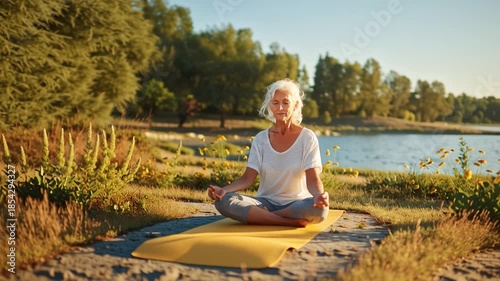 Senior woman practicing yoga in lotus position near lake