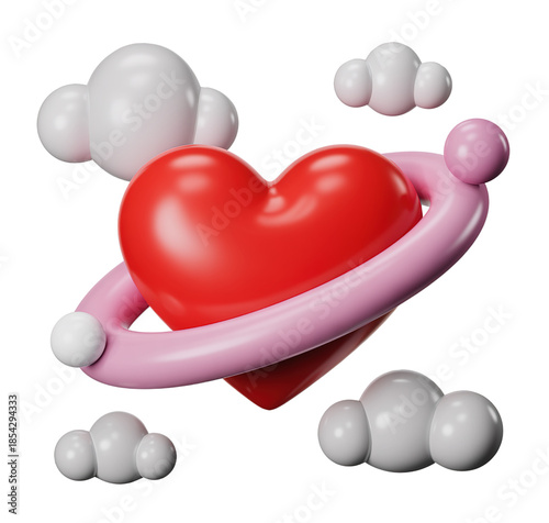 3D Red Heart Surrounded by Pink Saturn Ring and Clouds