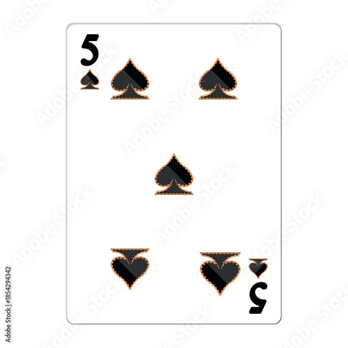 Five of spades. Playing card with golden elements. Casino icons. Pictograms representing different suits. Vector illustration. Flat design for modern visual elements.