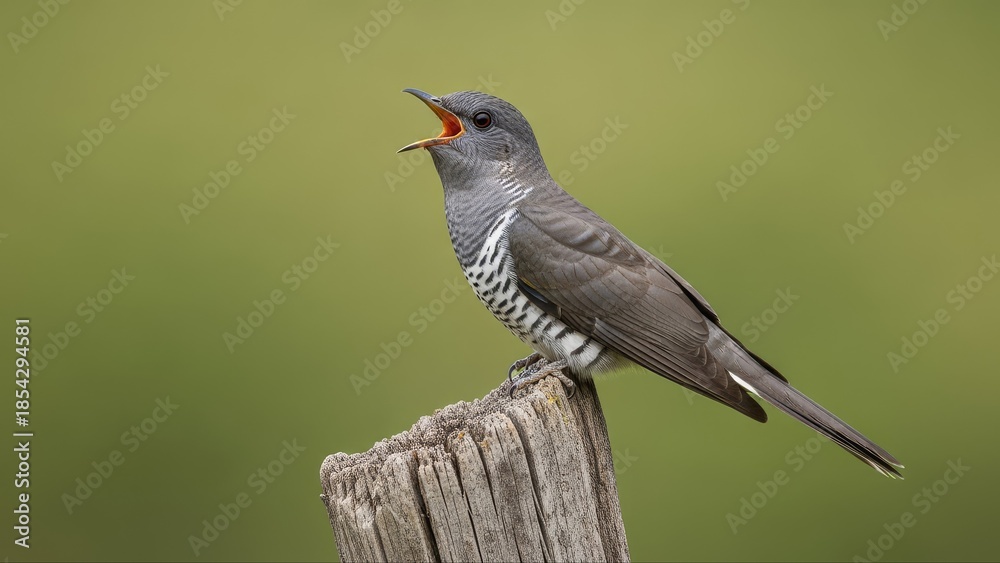 Obraz premium A Beautiful Cuckoo Bird Singing on a Wooden Post Against a Green Background.